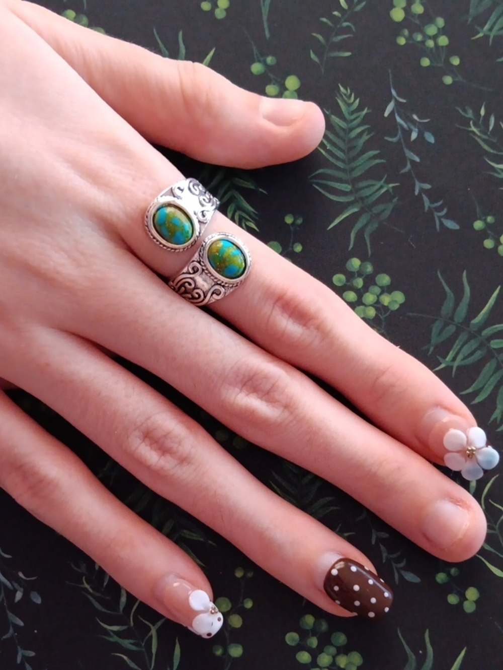 Turquoise Style Double Stone Silver Tone Intricate Design Ring New!